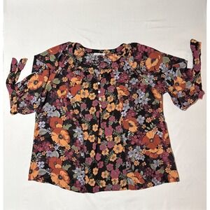 Figueroa & Flower Multicolored Floral Print Bohemian Inspired V Neck Blouse 2X